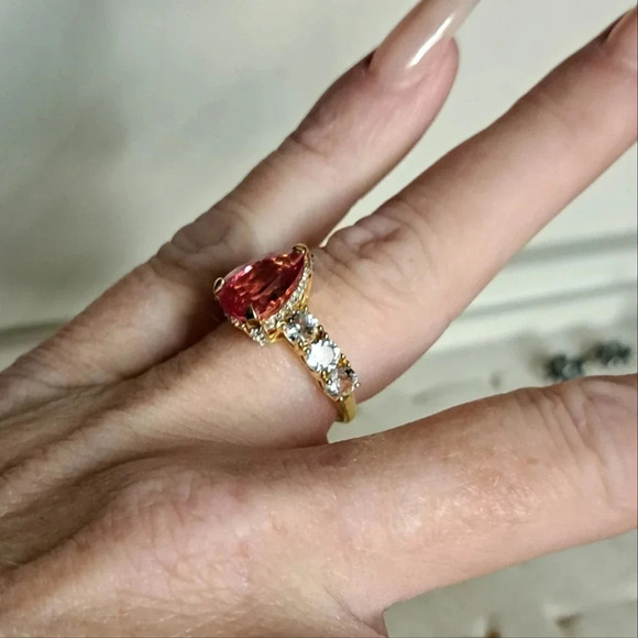 Padparadscha Sapphire and White Topaz Ring - Picture 7 of 11